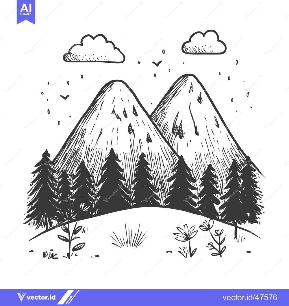 Premium Vector of Hand-drawn Sketch of Two Mountain Peaks with Trees and Flowers