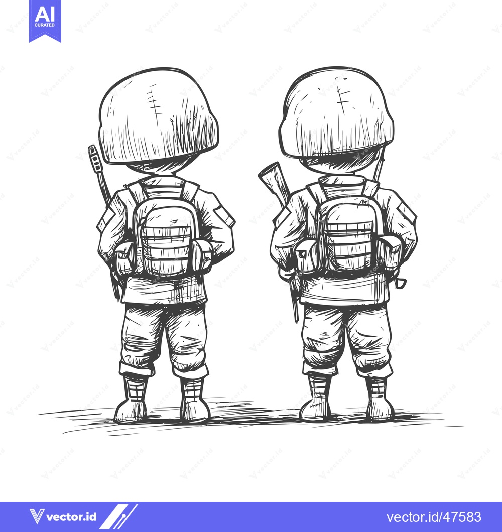 Premium Vector dari Hand-drawn sketch of two soldiers standing back to back, wearing helme