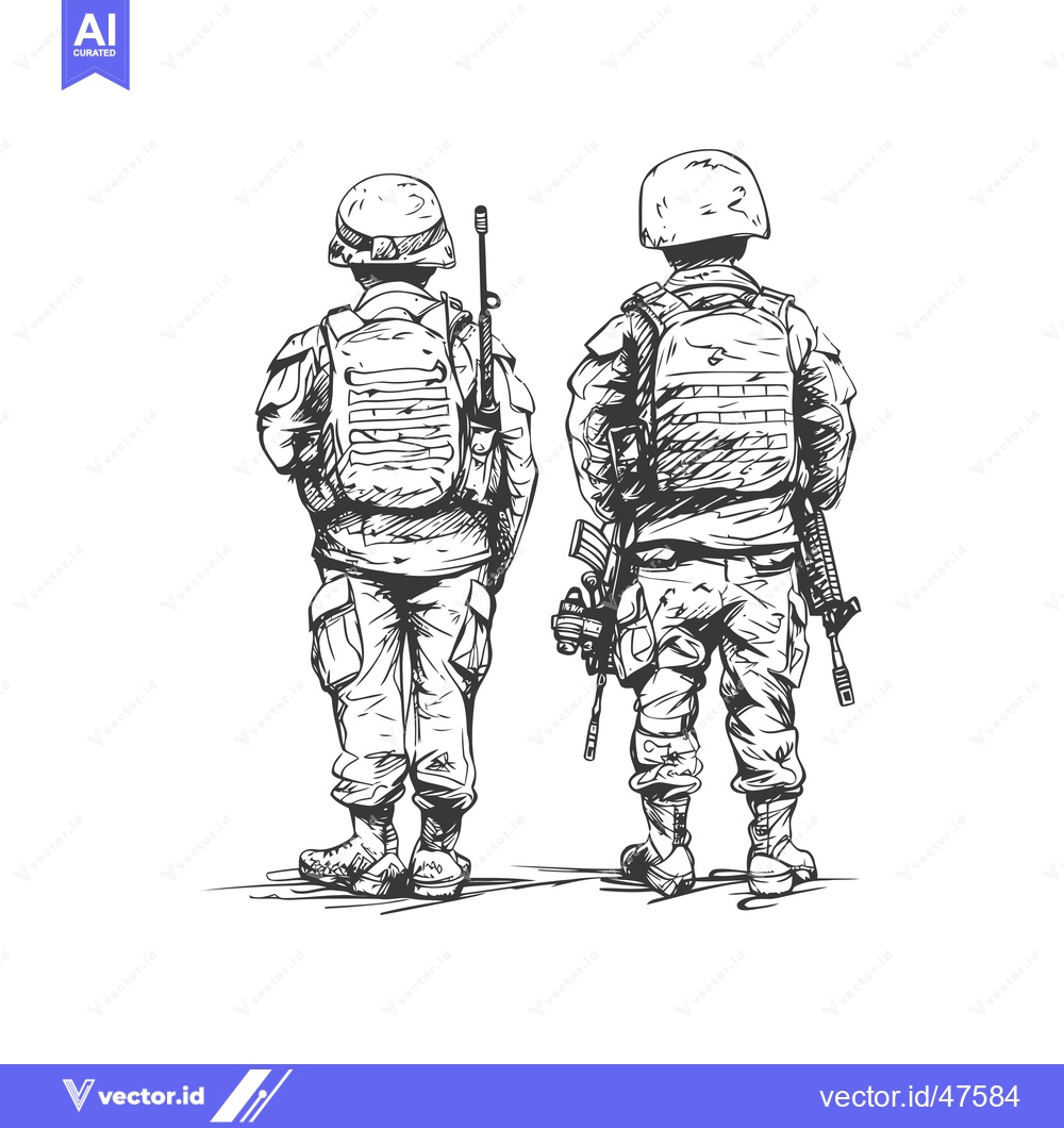 Premium Vector dari Hand-drawn sketch of two soldiers with rifles standing back-to-back