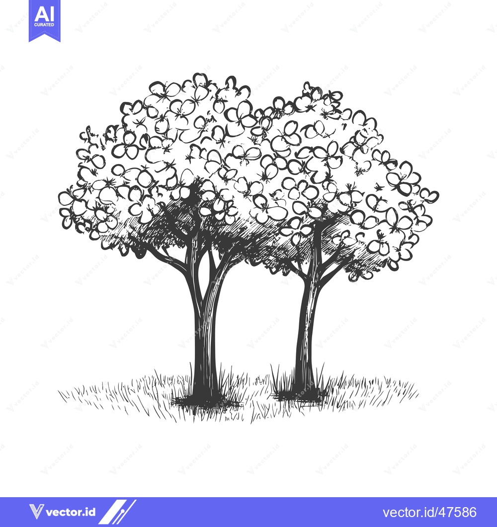 Premium Vector dari Hand-drawn sketch of two trees with dense foliage and flowers