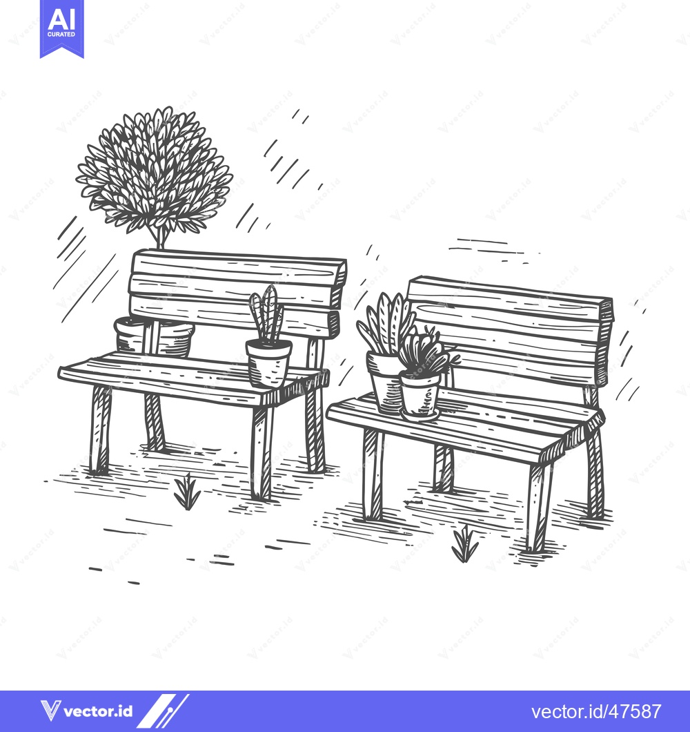 Premium Vector of Hand-Drawn Sketch of Two Wooden Benches with Plants