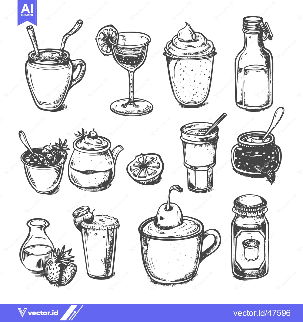 Premium Vector of Hand-Drawn Sketch of Various Beverages and Desserts in Glassware