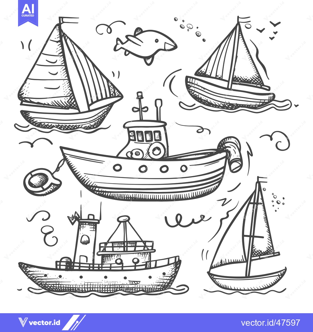 Premium Vector dari Hand-drawn Sketch of Various Boats and a Dolphin