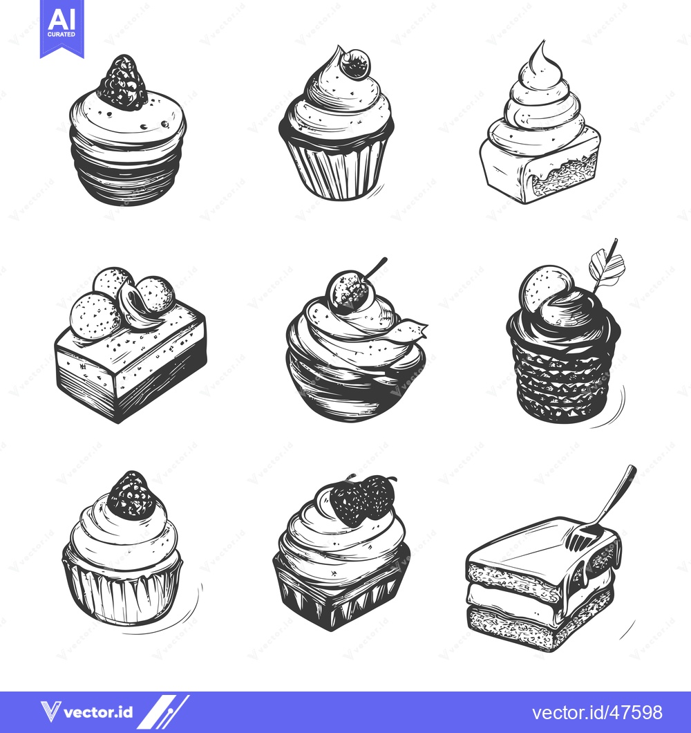 Premium Vector dari Hand-Drawn Sketch of Various Cakes and Cupcakes