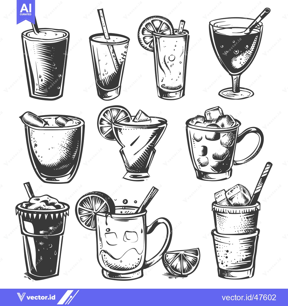 Premium Vector of Hand-Drawn Sketch of Various Cocktails and Drinks with Straws and Ice
