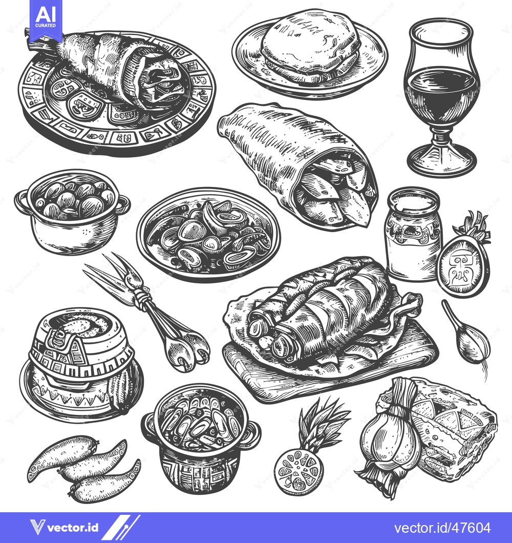 Premium Vector dari Hand-Drawn Sketch of Various Dishes and Drinks