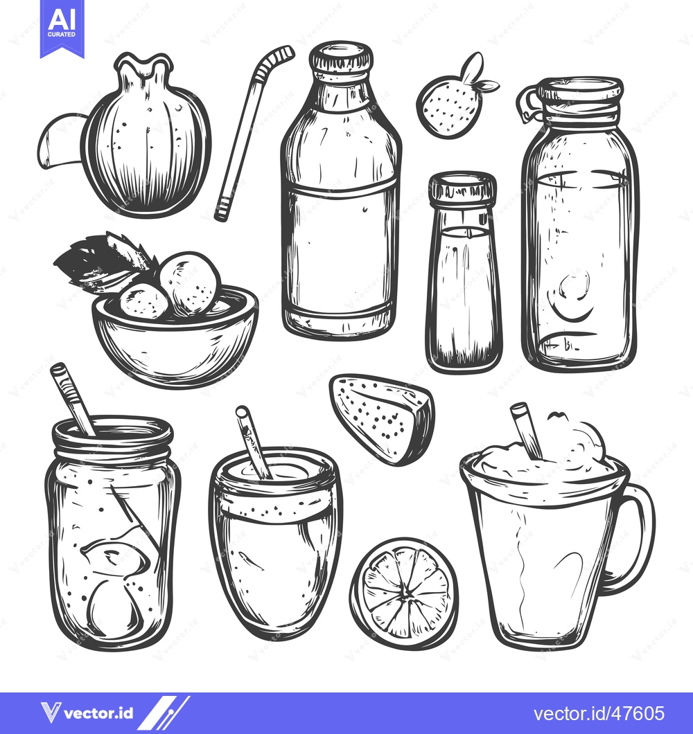 Premium Vector of Hand-Drawn Sketch of Various Drinks and Fruits
