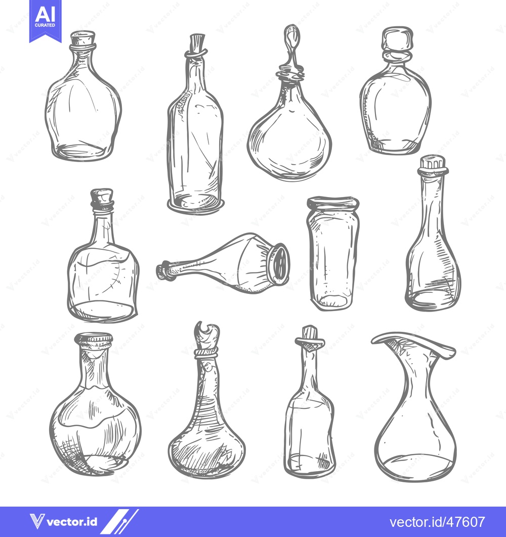 Premium Vector dari Hand-Drawn Sketch of Various Empty Glass Bottles and Jars