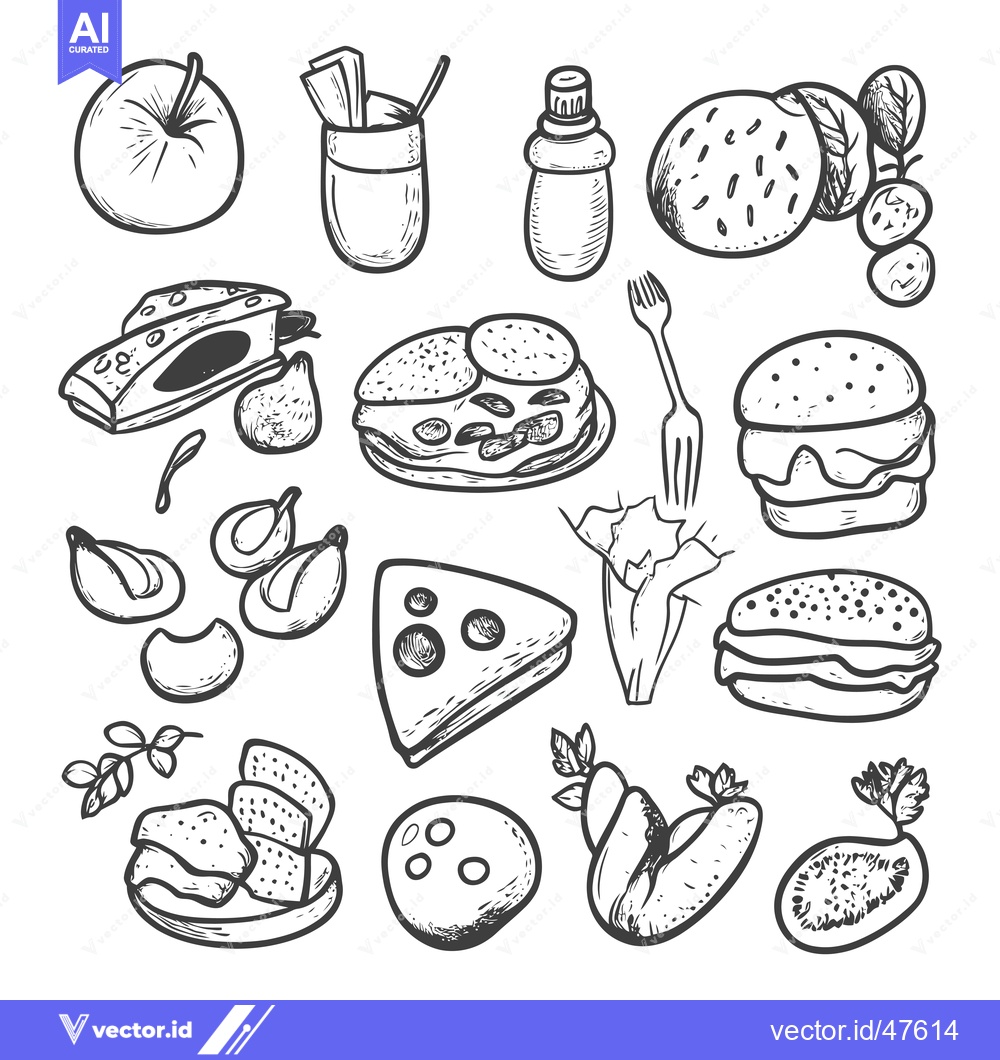 Premium Vector dari Hand-Drawn Sketch of Various Foods and Drinks
