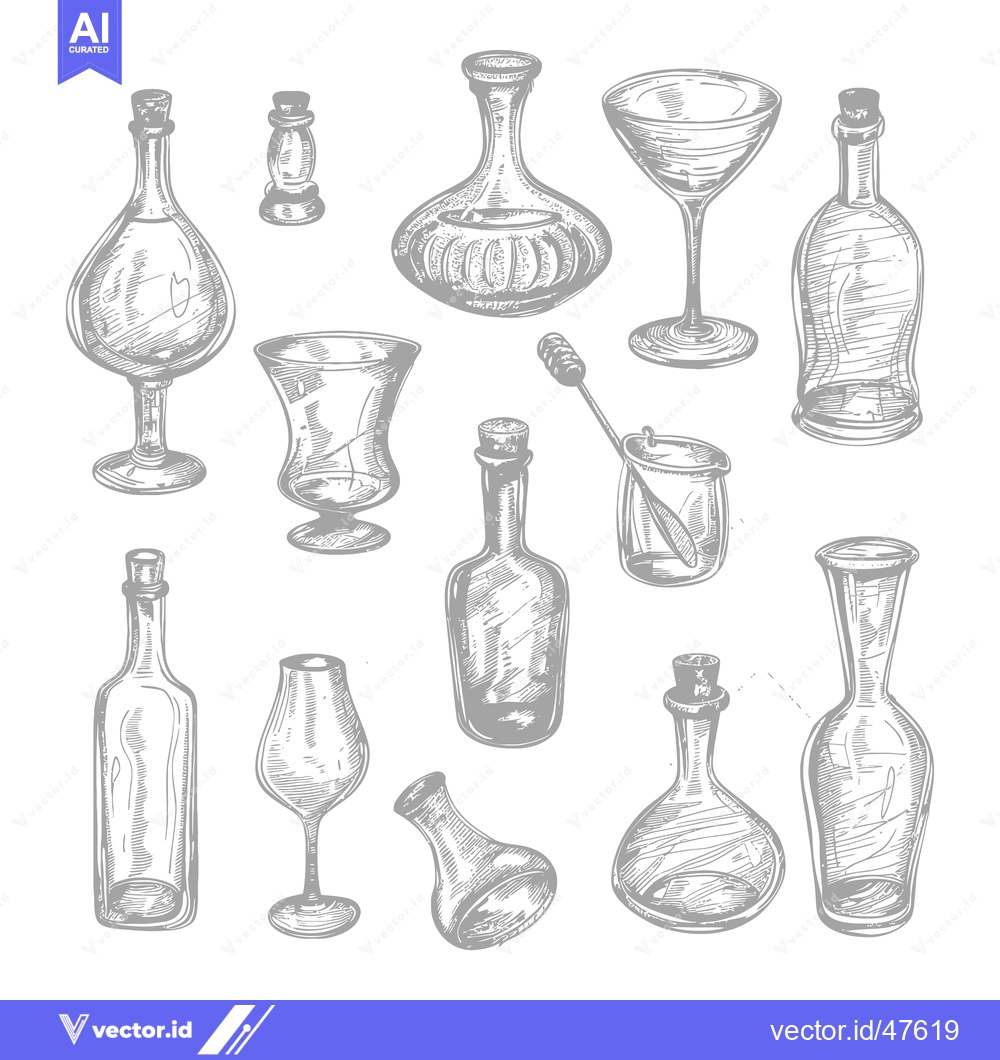 Premium Vector dari Hand-drawn sketch of various glass bottles and drinking glasses