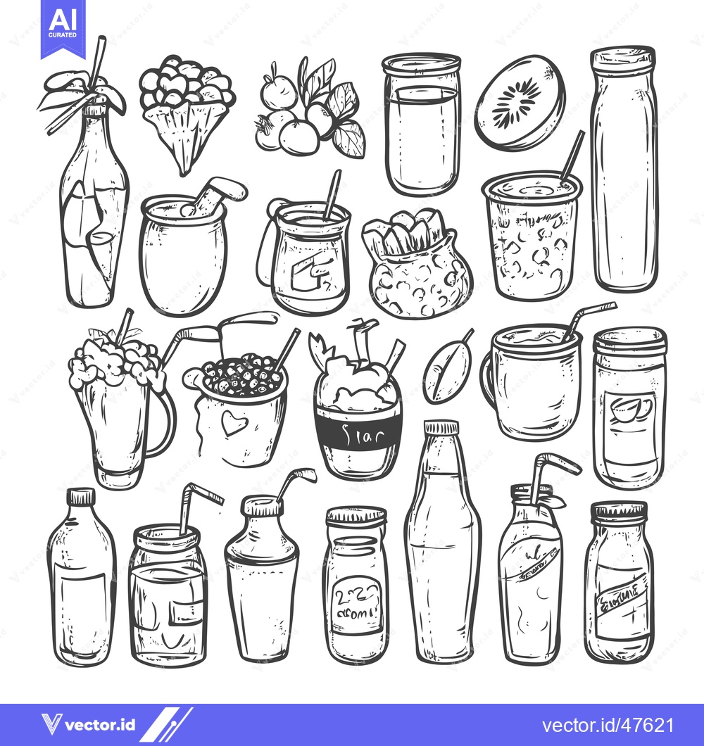 Premium Vector dari Hand-Drawn Sketch of Various Glassware with Drinks and Fruits