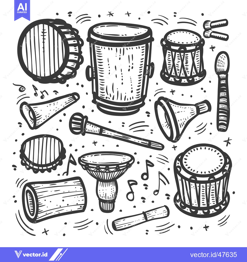 Premium Vector dari Hand-drawn Sketch of Various Percussion Instruments and Music Notes