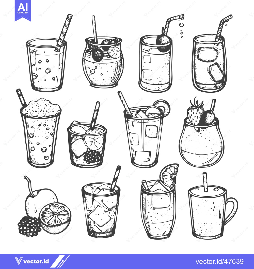 Premium Vector of Hand-Drawn Sketch of Various Refreshing Drinks with Straws