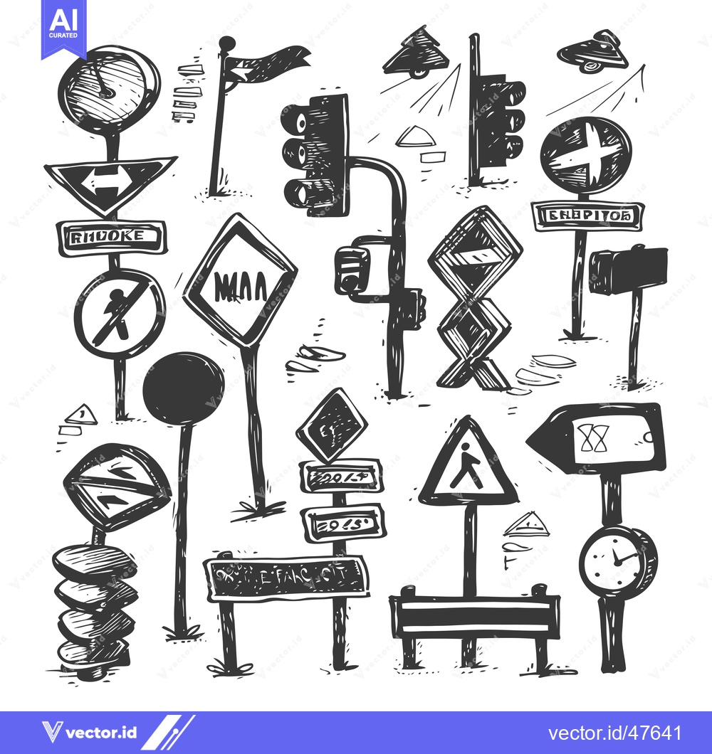 Premium Vector of Hand-Drawn Sketch of Various Road Signs and Traffic Signals