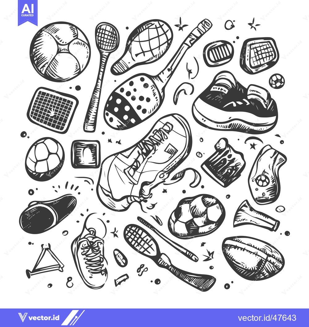 Premium Vector dari Hand-drawn Sketch of Various Sports Equipment and Footwear
