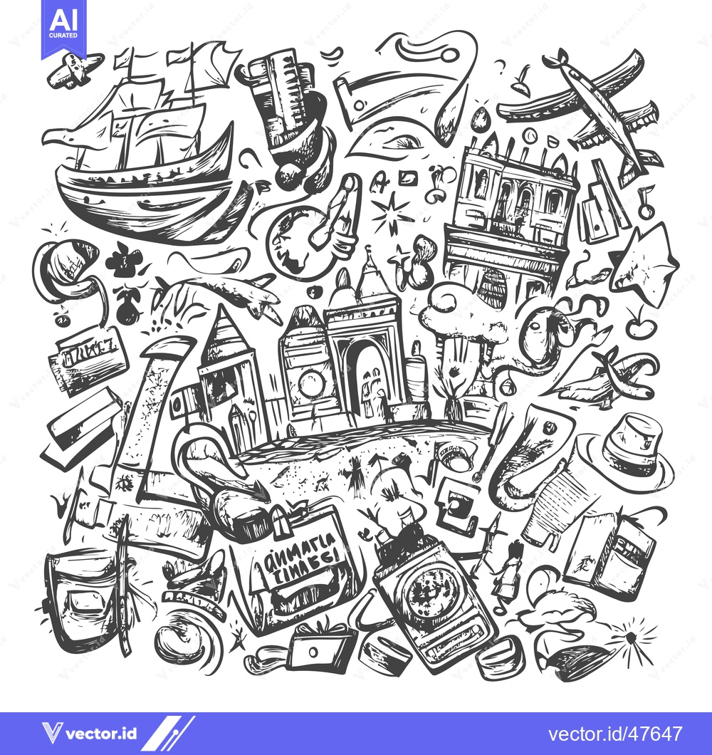 Premium Vector of Hand-drawn Sketch of Various Travel Objects and Landmarks