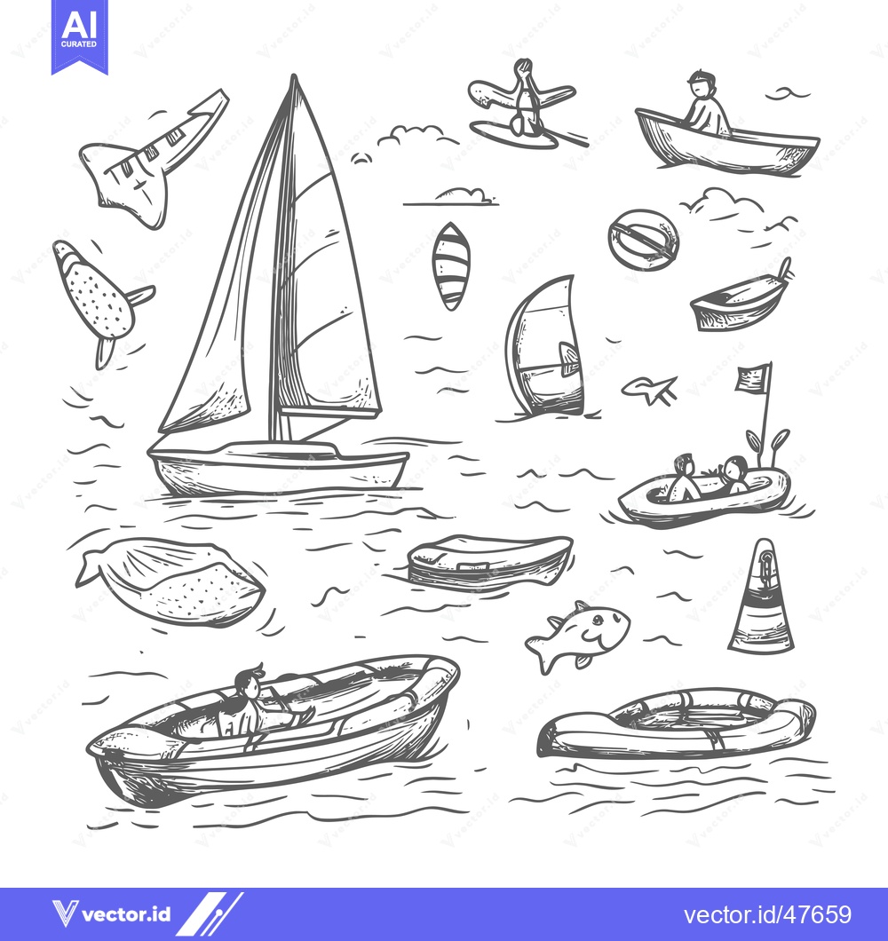 Premium Vector of Hand-drawn sketch of various watercraft and activities on the sea