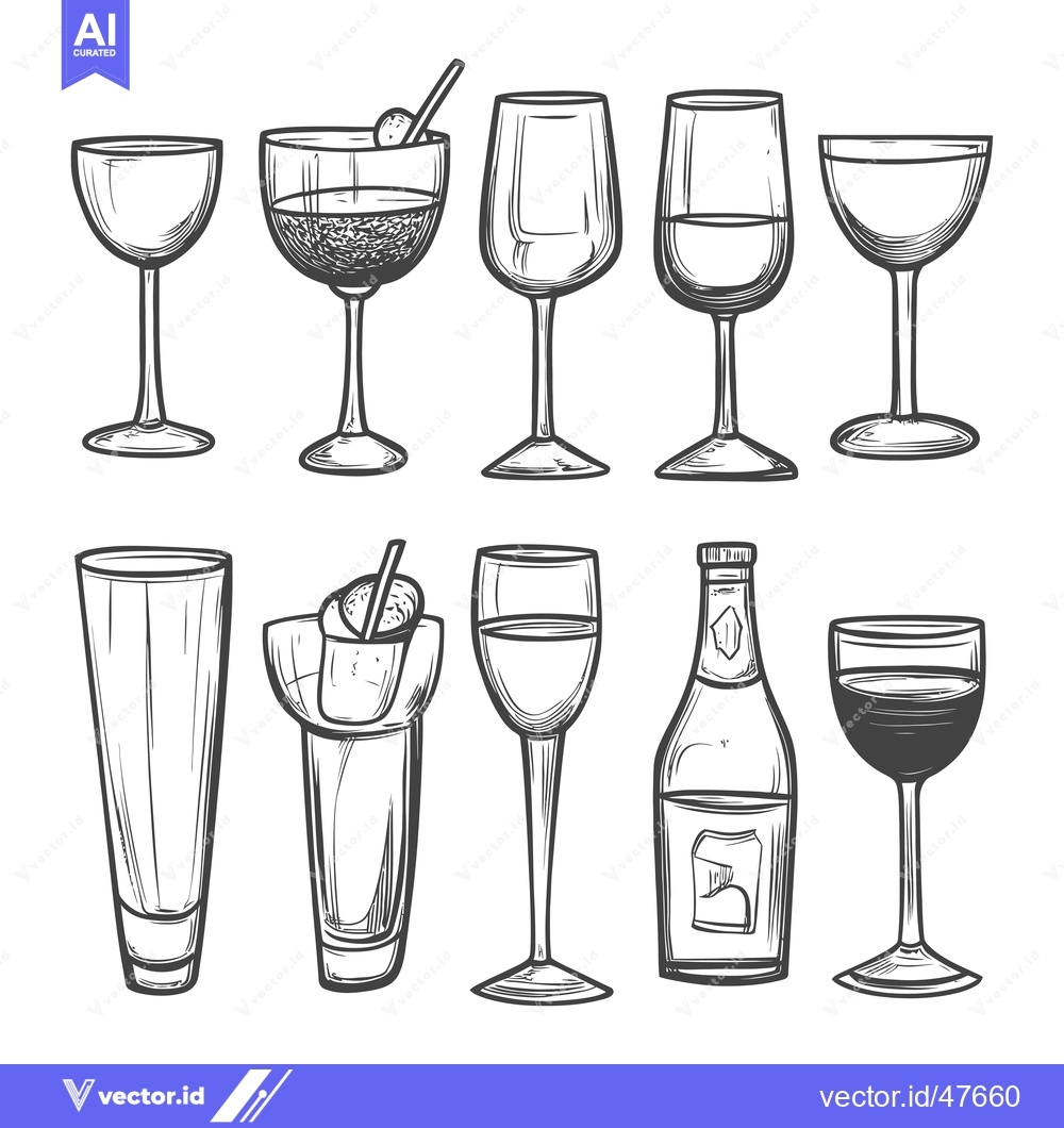 Premium Vector dari Hand-drawn Sketch of Various Wine and Cocktail Glasses