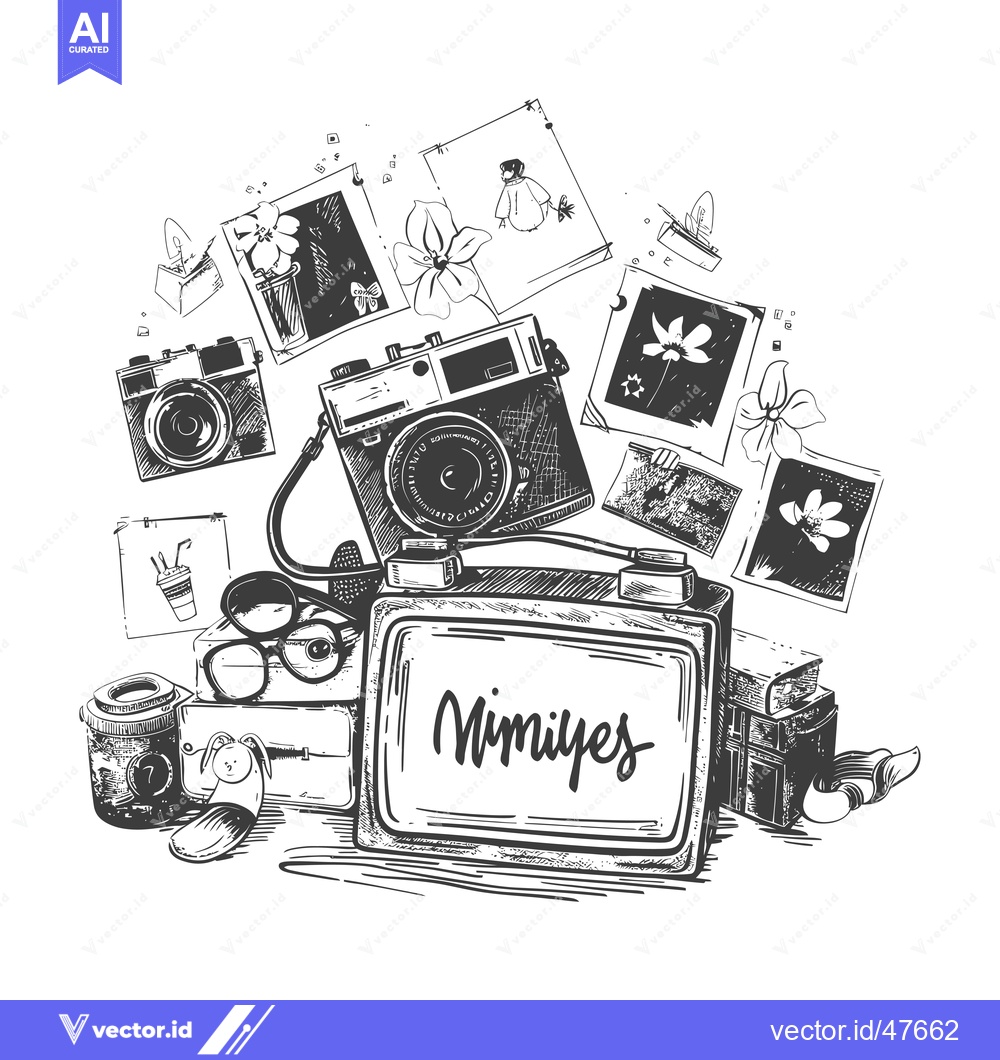 Premium Vector dari Hand-Drawn Sketch of Vintage Cameras, Flowers, and Accessories