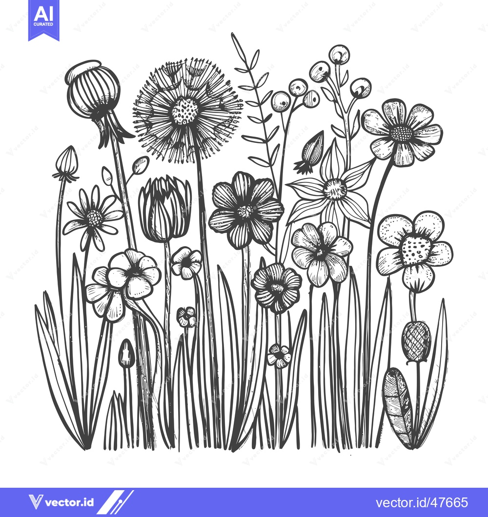 Premium Vector dari Hand-Drawn Sketch of Wildflowers and Grass