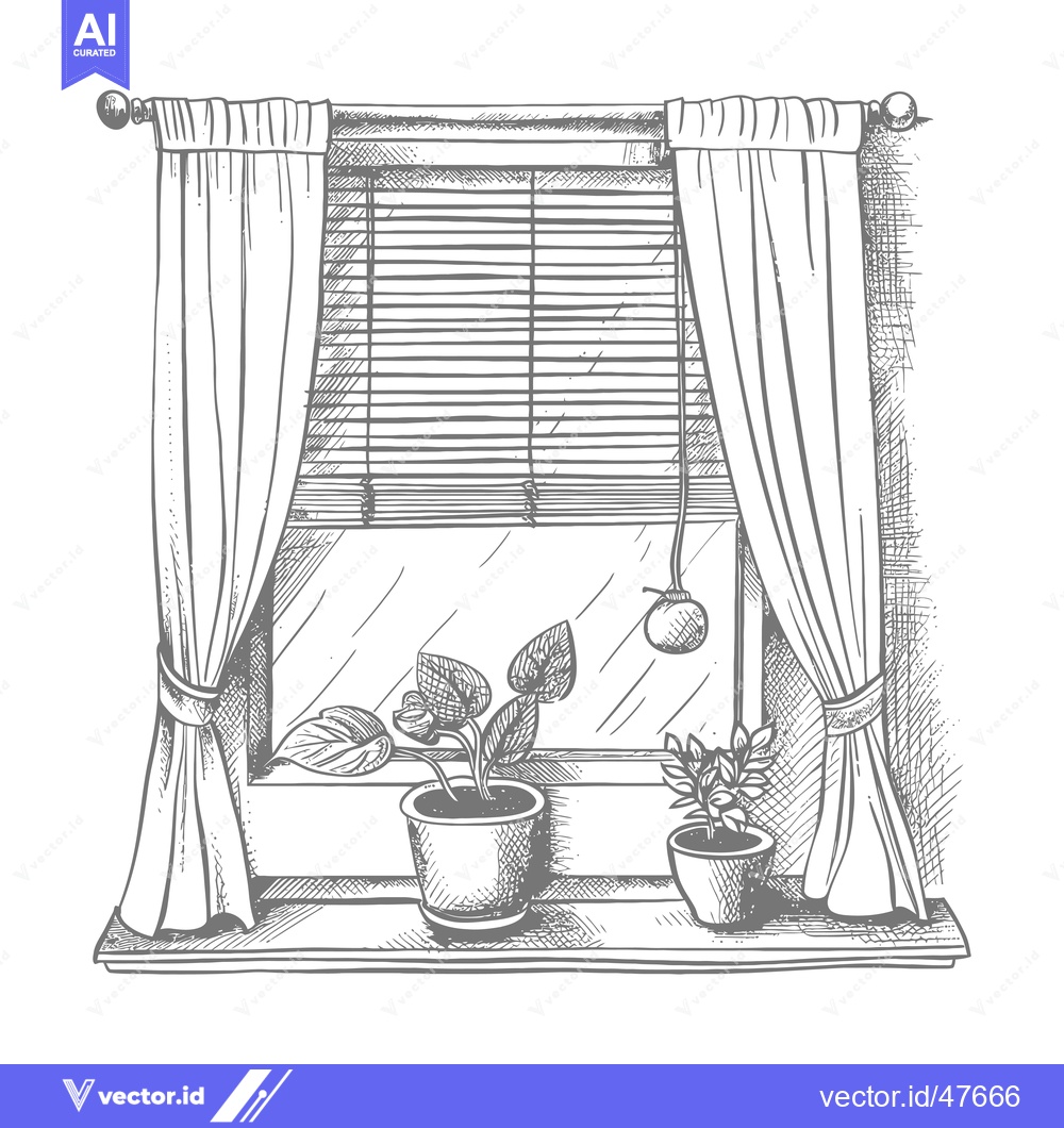 Premium Vector dari Hand-Drawn Sketch of Window with Curtains, Blinds, and Plants