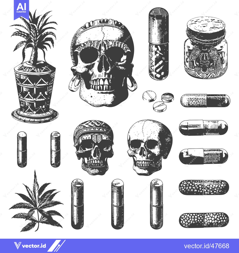 Premium Vector of Hand Drawn Skull, Cannabis, and Pill Illustration