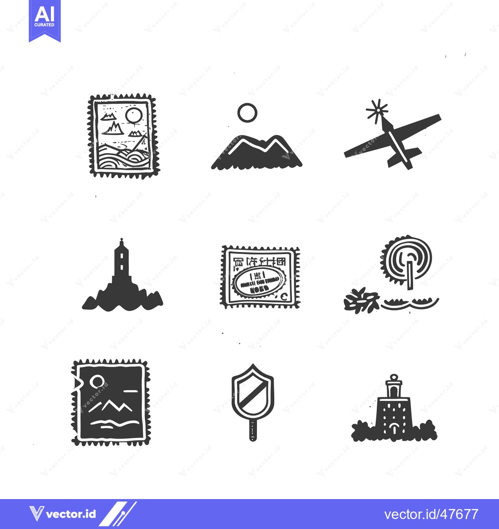 Premium Vector of Hand-Drawn Travel Icons with Postage Stamps, Mountains, and Landmarks