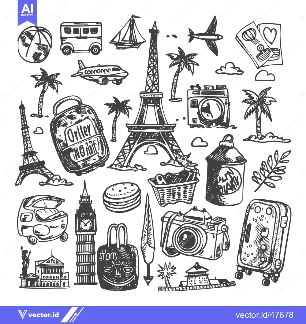 Premium Vector of Hand-Drawn Travel Illustration Featuring Landmarks, Luggage, and Acces