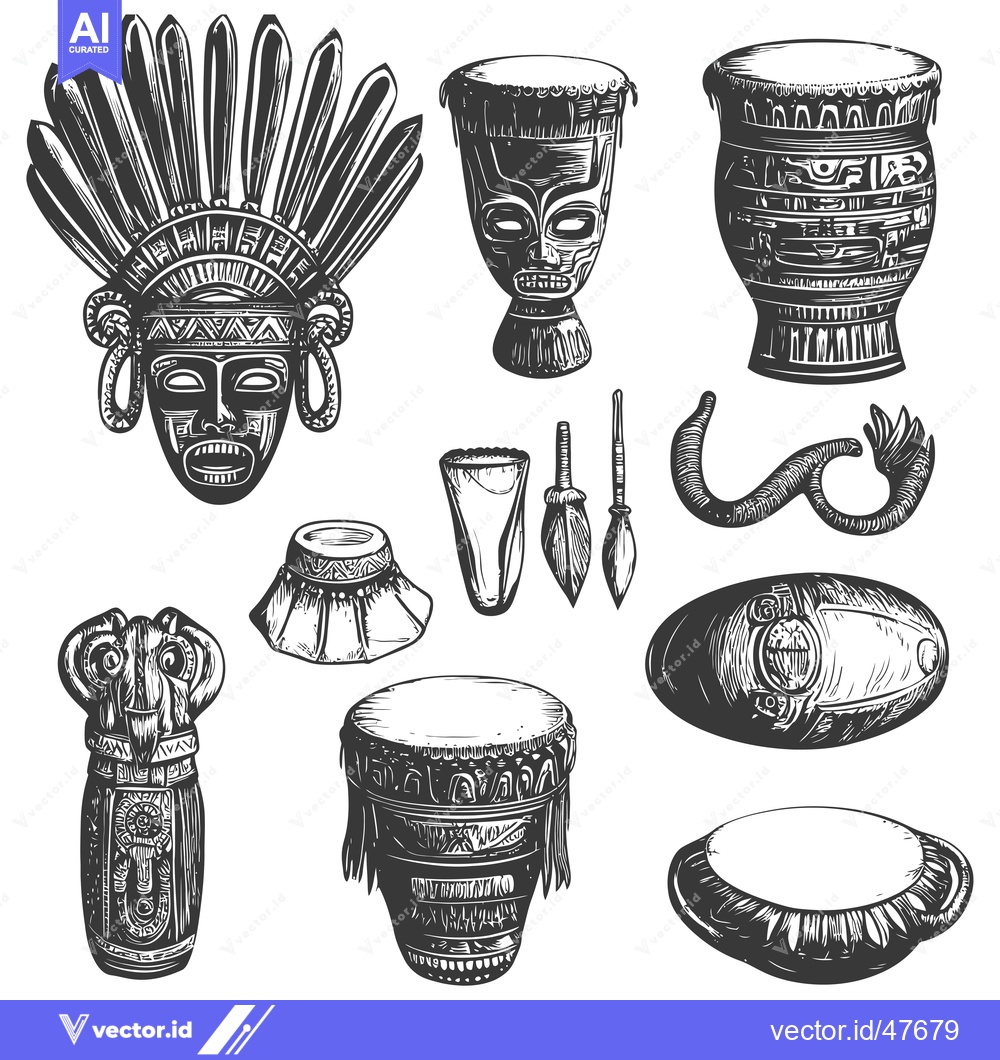 Premium Vector dari Hand-Drawn Tribal Artifacts Set Featuring Masks, Drums, and Other Item