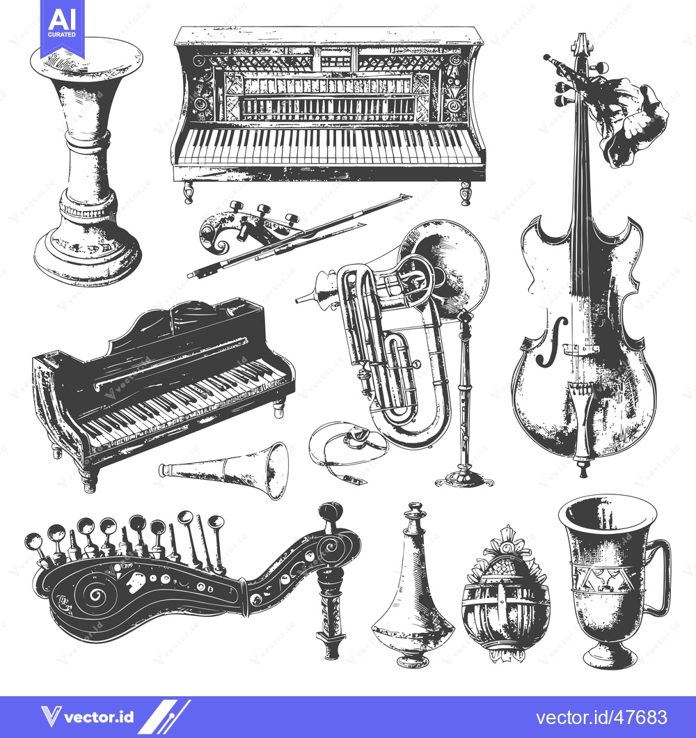 Premium Vector of Hand-drawn Vintage Musical Instruments and Objects