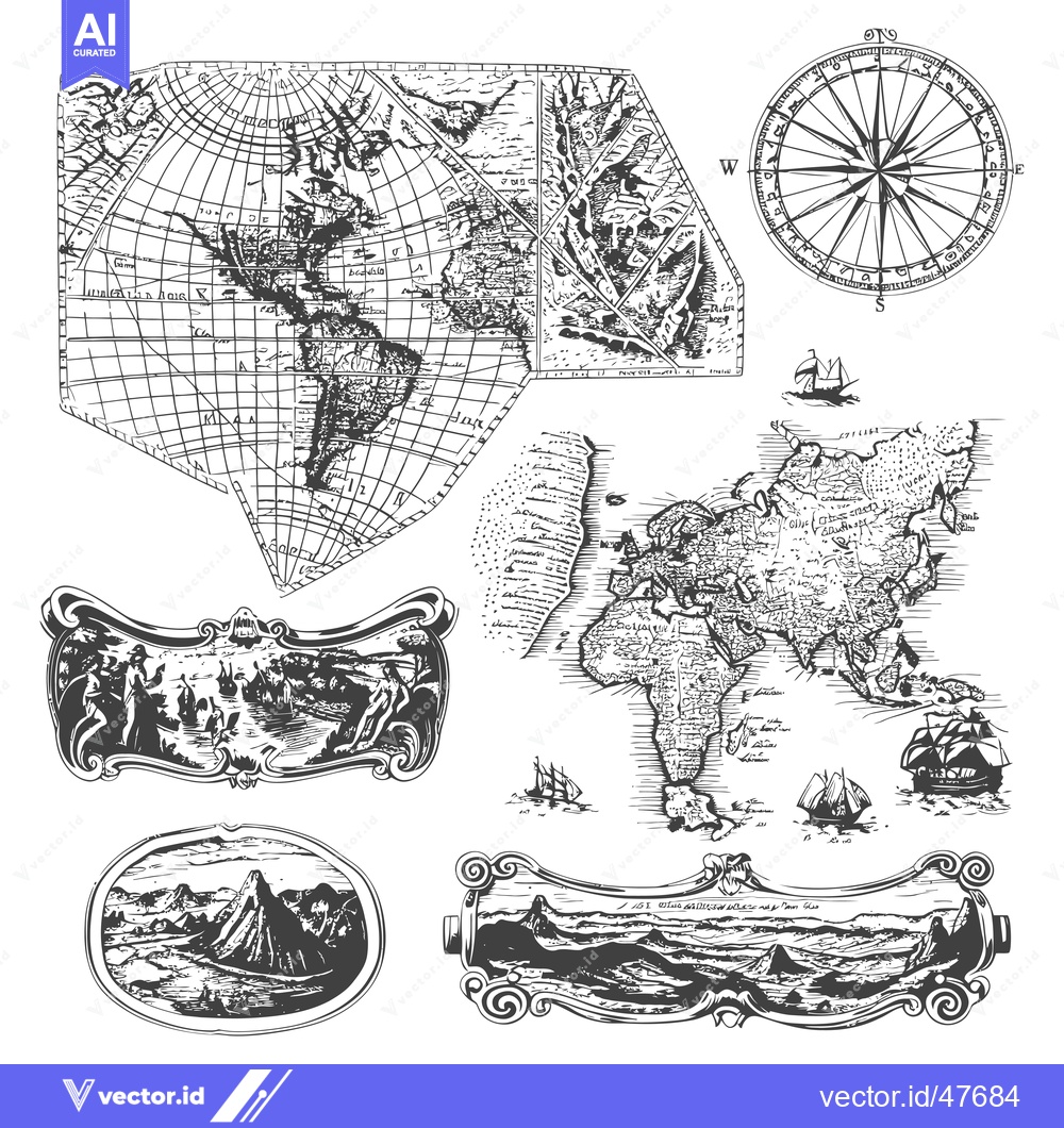 Premium Vector of Hand-drawn vintage nautical illustrations with maps, a compass, and a