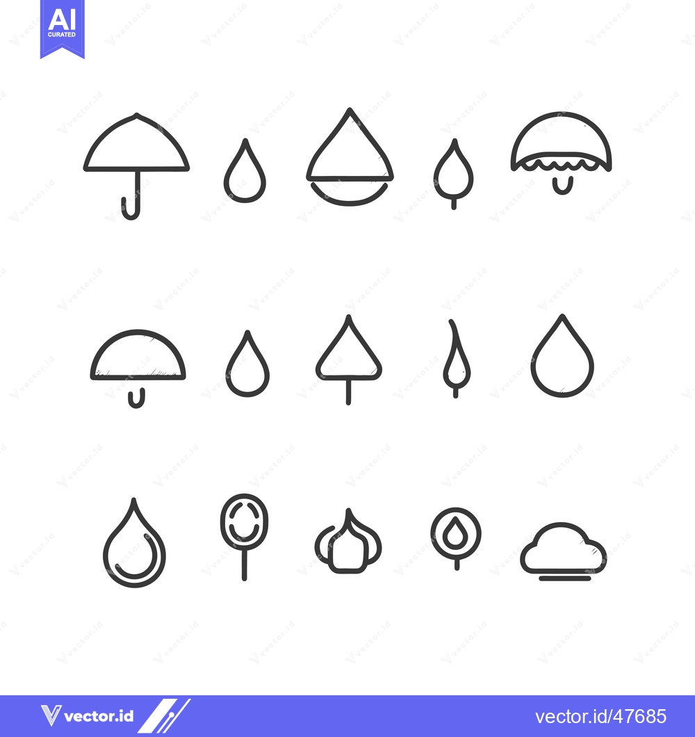 Premium Vector of Hand-Drawn Weather Icons: Rain, Umbrella, and Cloud