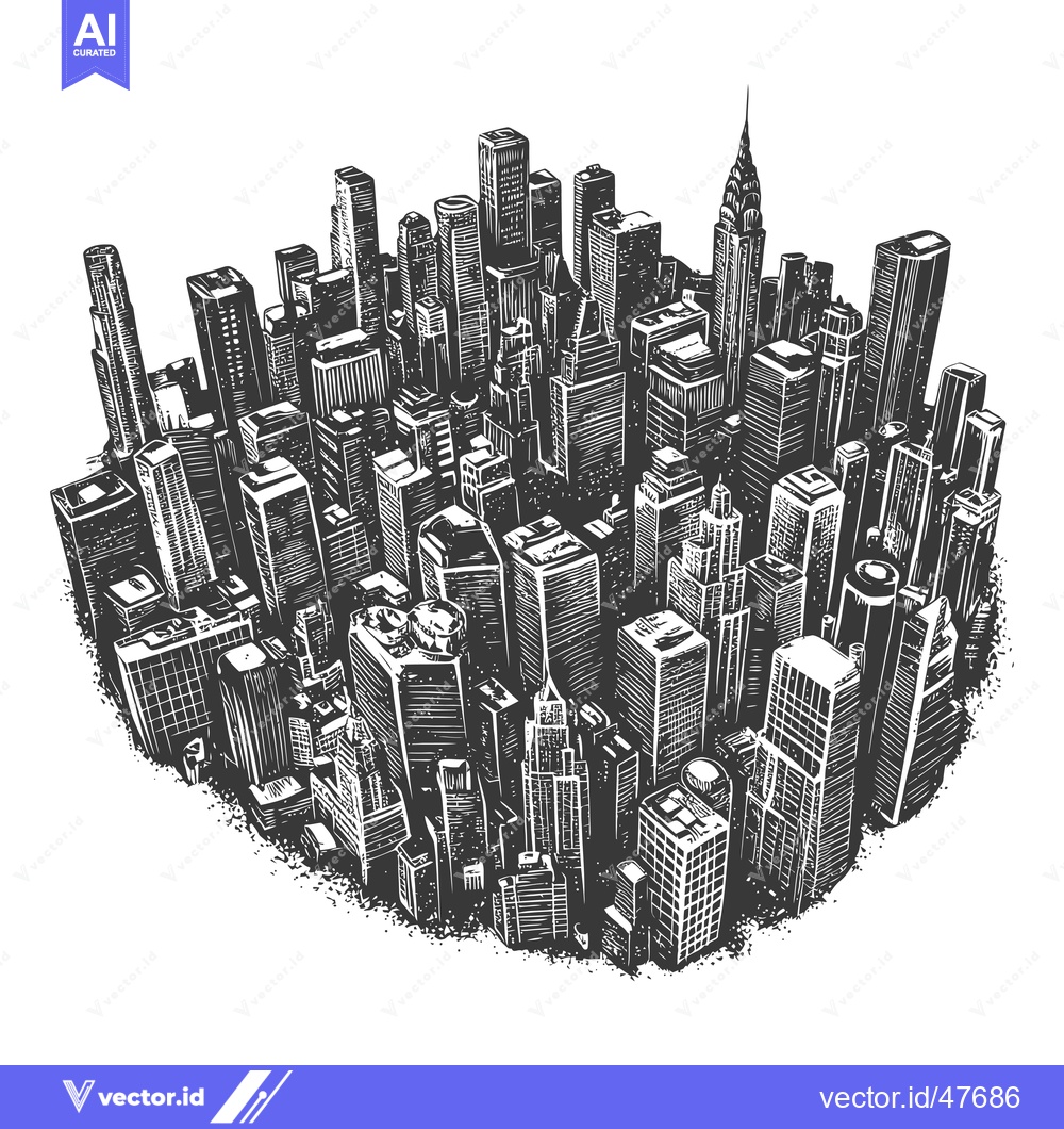 Premium Vector dari Hand-drawn woodcut illustration of an urban skyline with skyscrapers