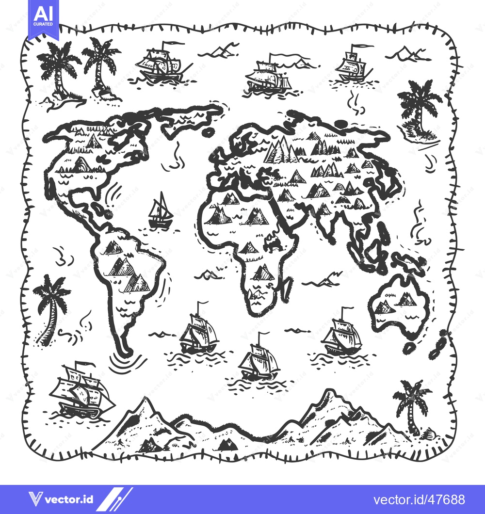 Premium Vector dari Hand-drawn world map with ships, palm trees, and mountains.
