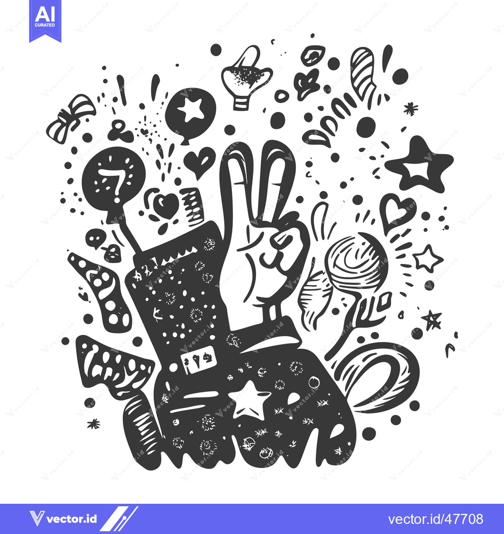 Premium Vector of Hand Gesturing Peace Sign Surrounded by Festive Doodle Elements