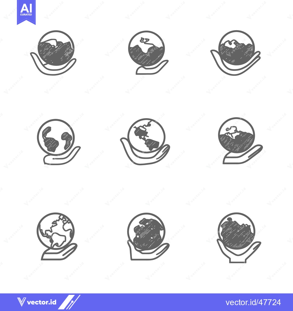 Premium Vector dari Hand Holding a Globe, a Set of 9 Hand-Drawn Icons