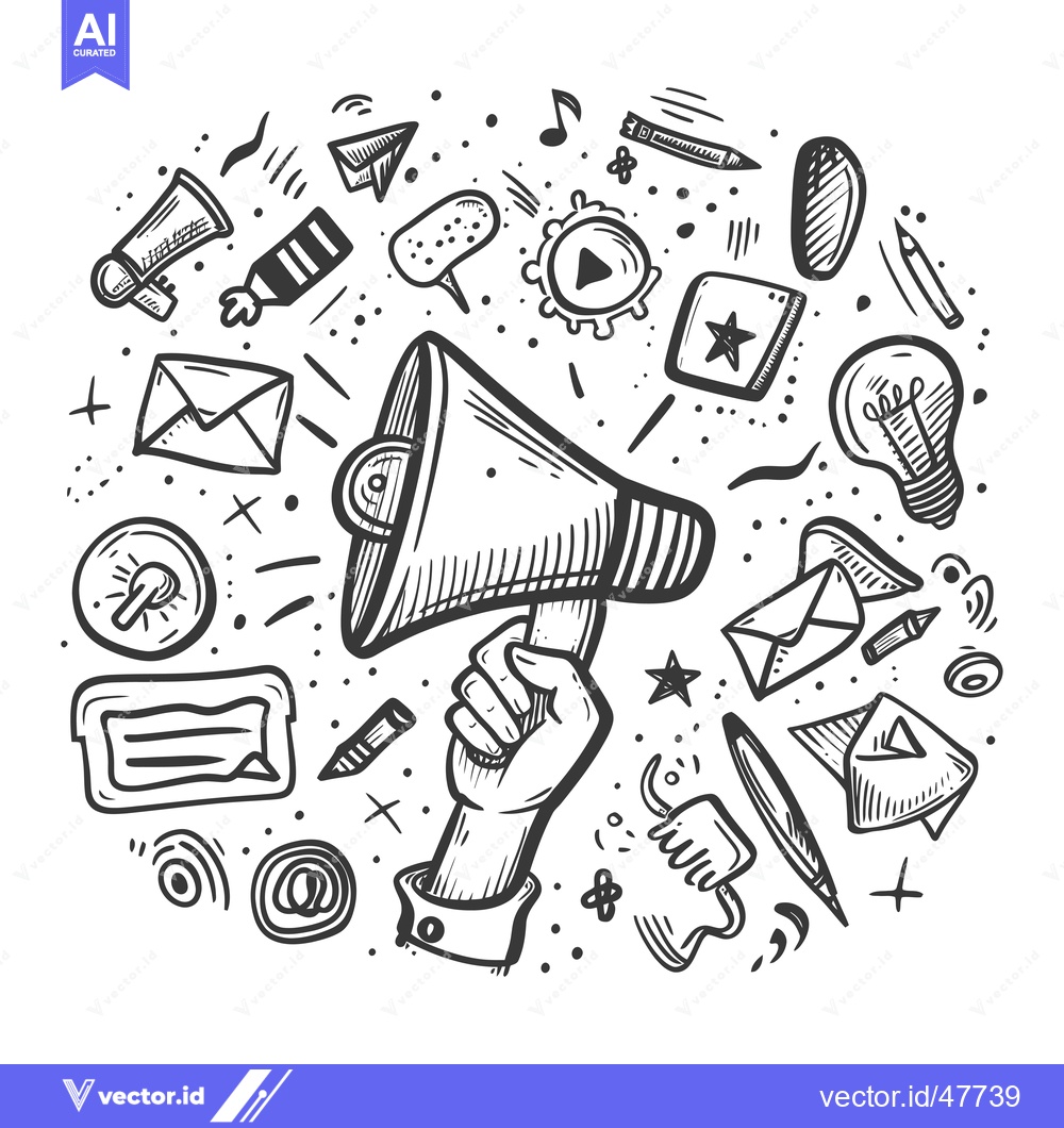 Premium Vector of Hand Holding a Megaphone with Various Doodle Symbols Surrounding It