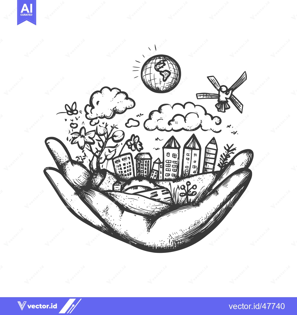 Premium Vector of Hand Holding a Miniature Cityscape with Earth and Satellite in the Sky