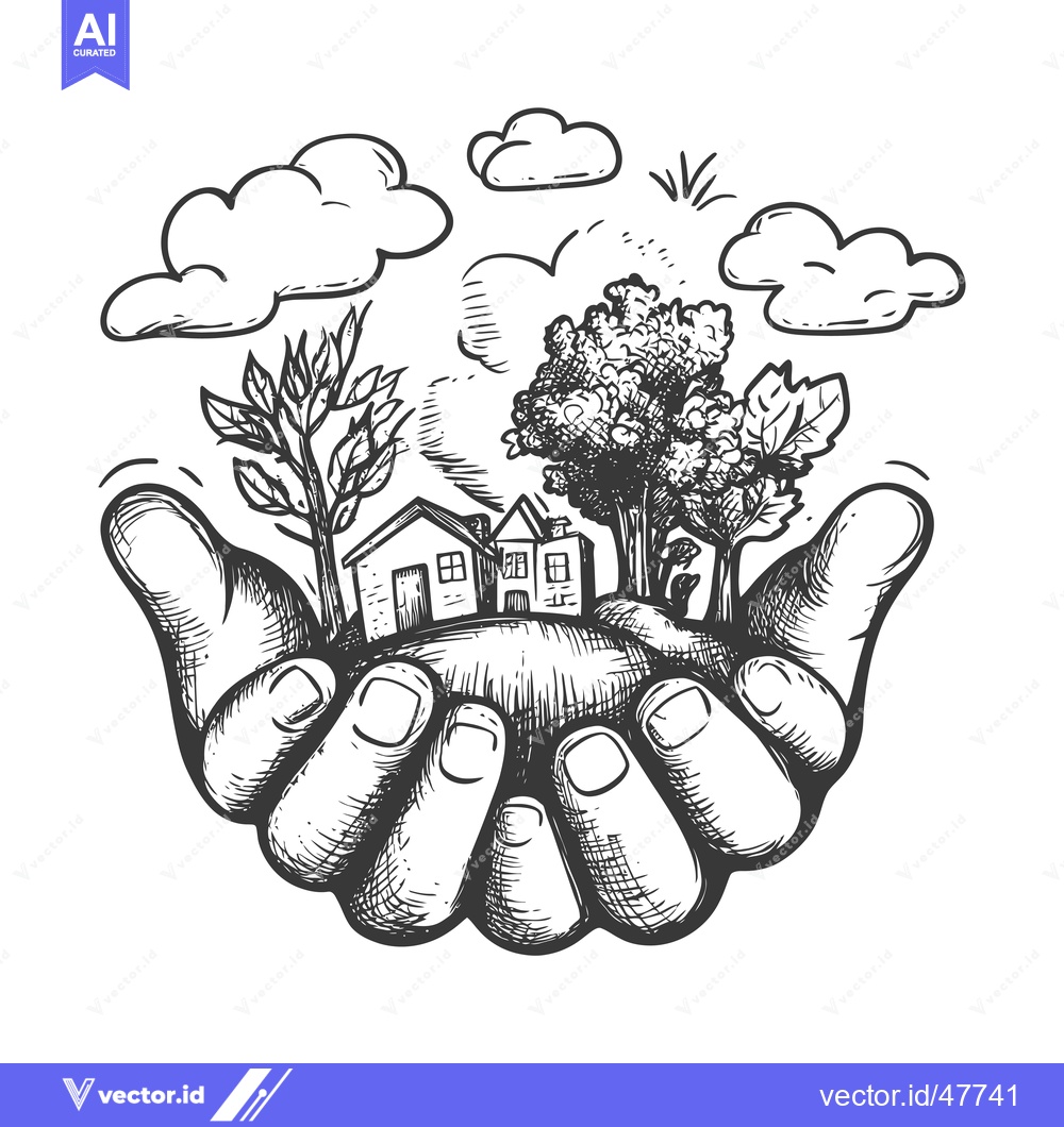 Premium Vector dari Hand Holding a Miniature Landscape with Houses, Trees, and Clouds
