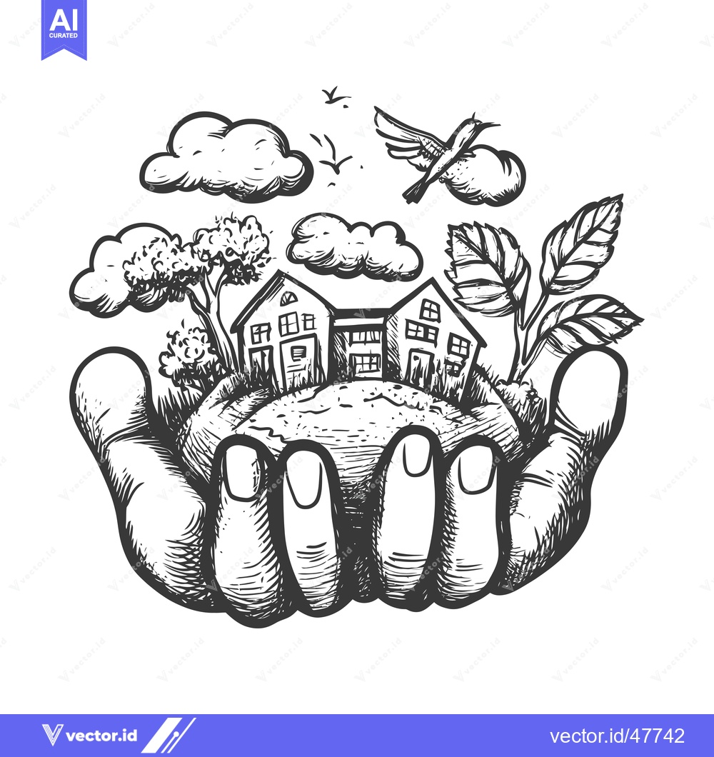 Premium Vector of Hand Holding a Miniature Landscape with Houses, Trees, and Clouds