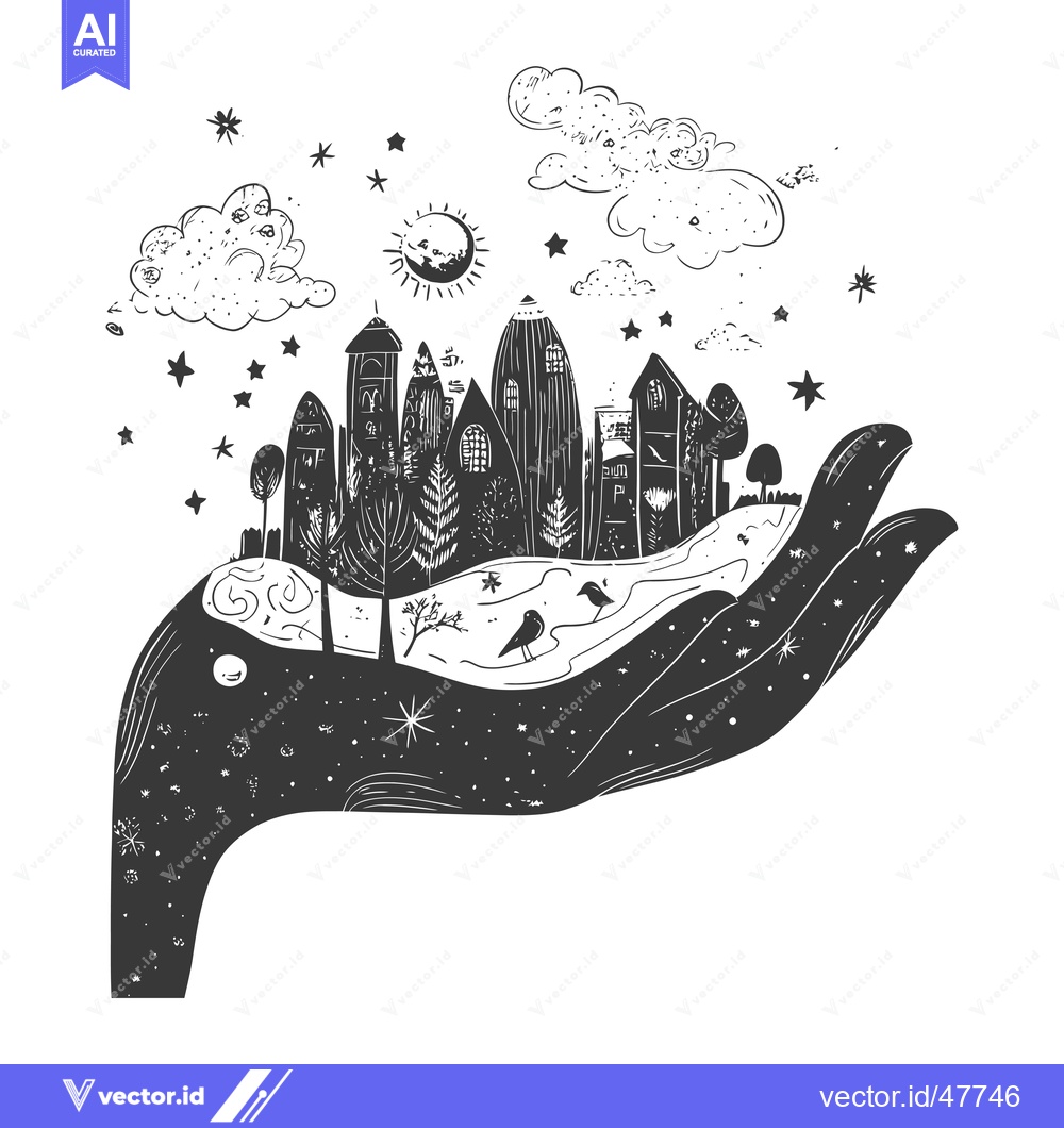 Premium Vector dari Hand Holding a Nighttime Village Under a Starry Sky