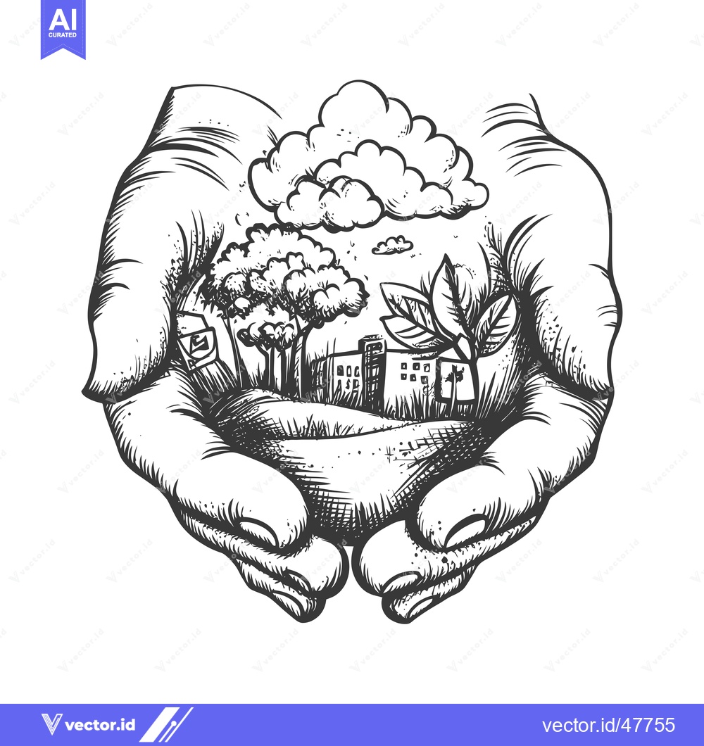 Premium Vector of Hand Holding a Small Cityscape with Trees, Clouds, and Buildings