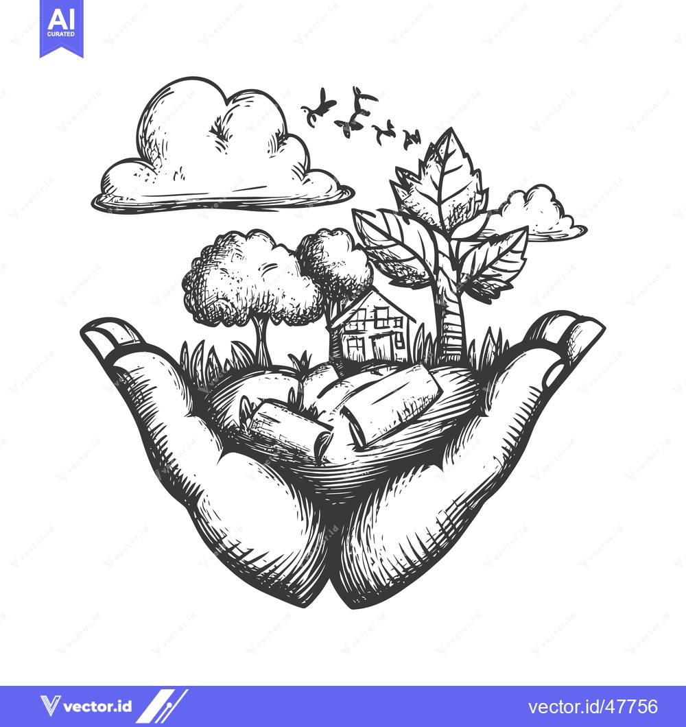 Premium Vector dari Hand Holding a Small Landscape With a House, Trees, and Birds