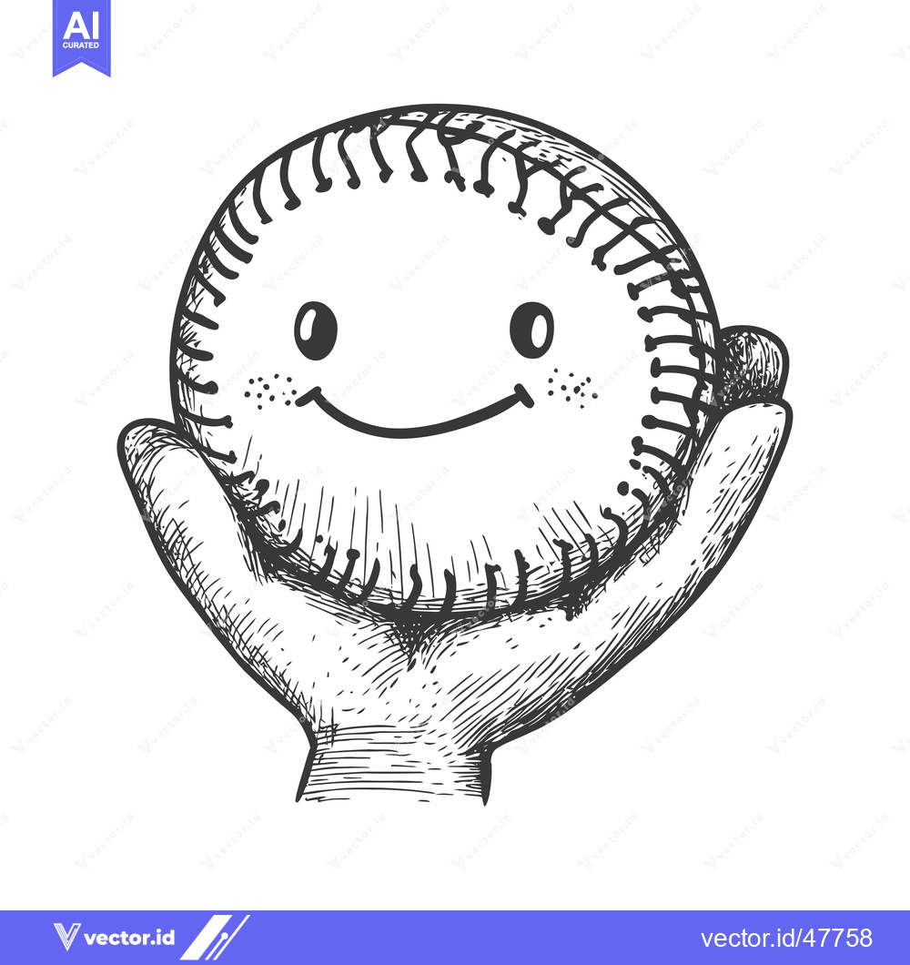 Premium Vector of Hand Holding a Smiling Baseball with Stitches