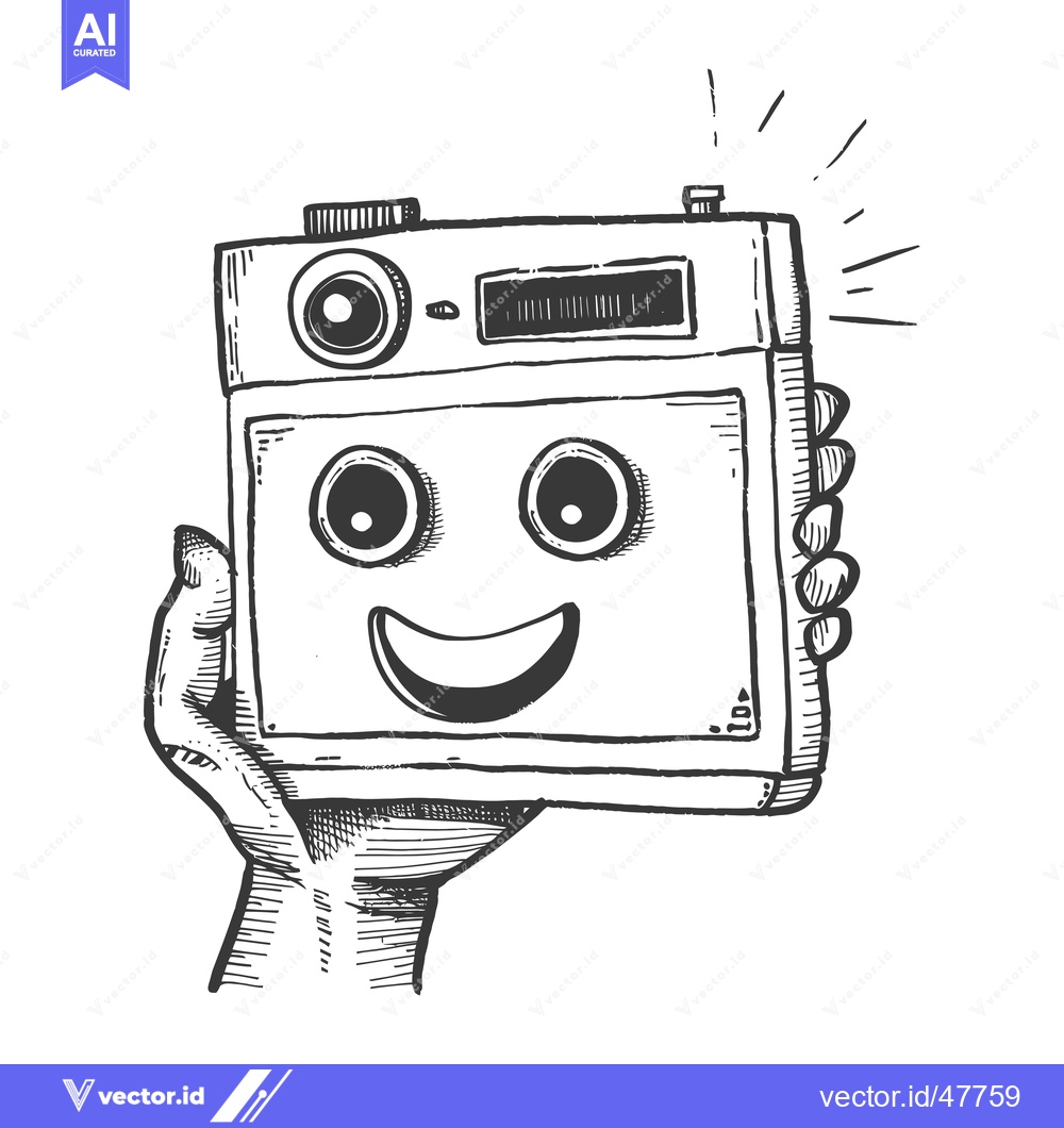 Premium Vector of Hand Holding a Smiling Cartoon Camera with Flash