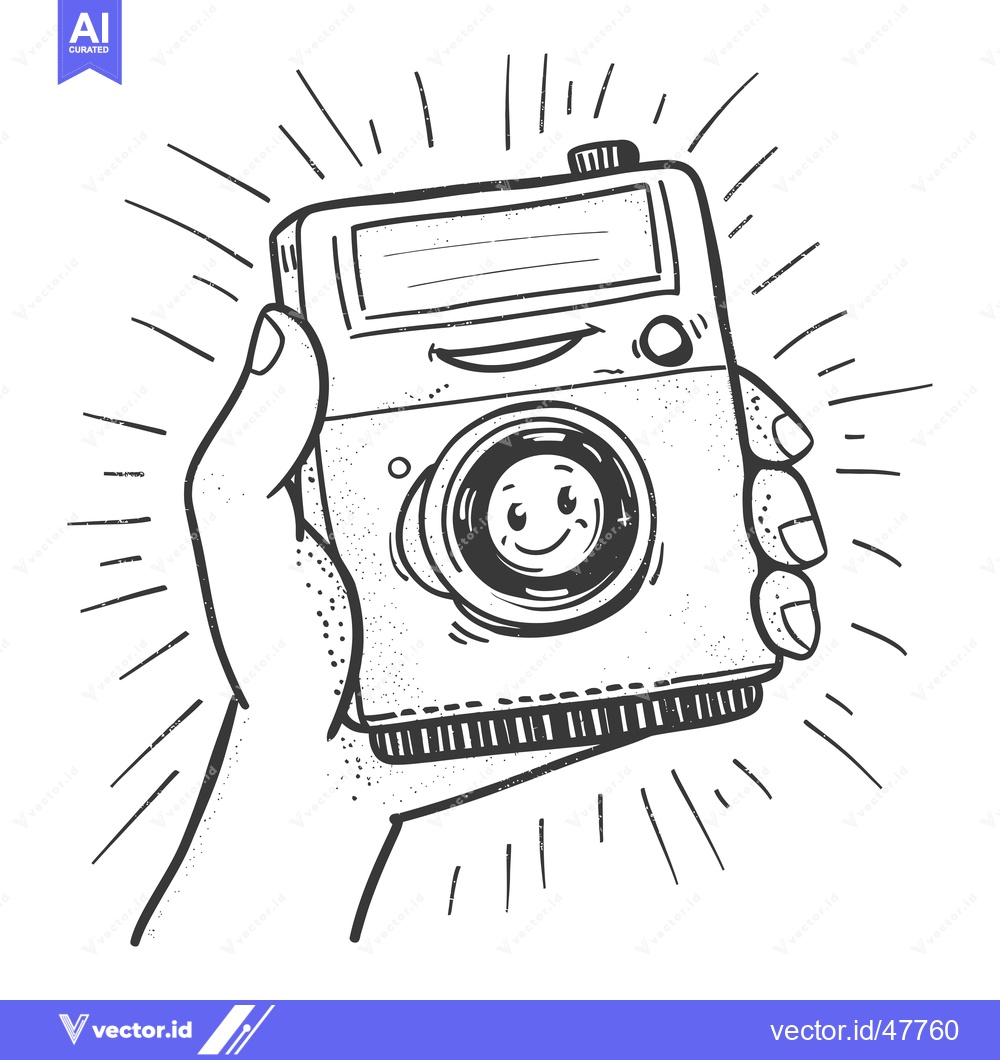 Premium Vector dari Hand Holding a Smiling Cartoon Camera with Lens