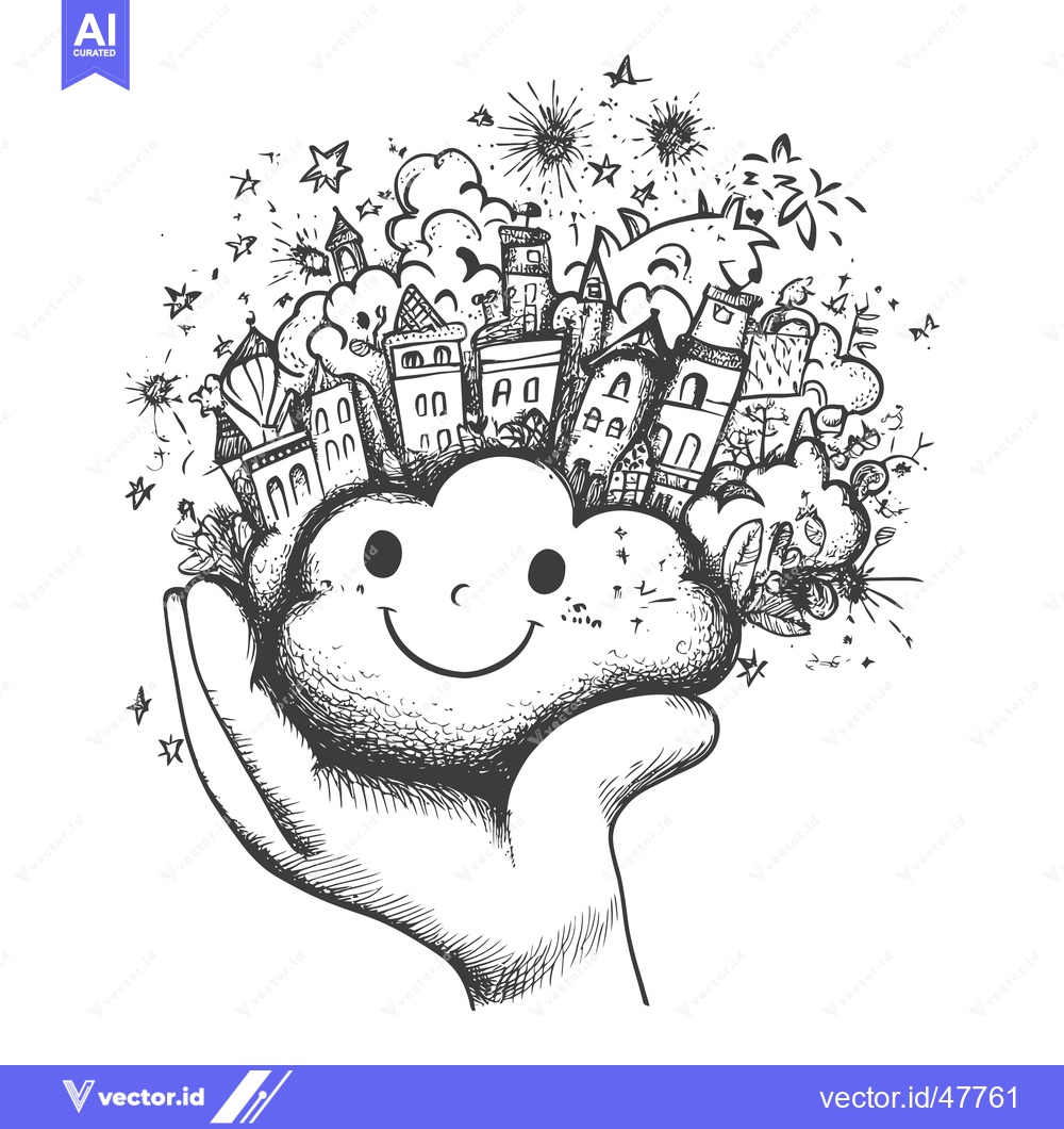 Premium Vector of Hand Holding a Smiling Cloud with Cityscape and Fireworks