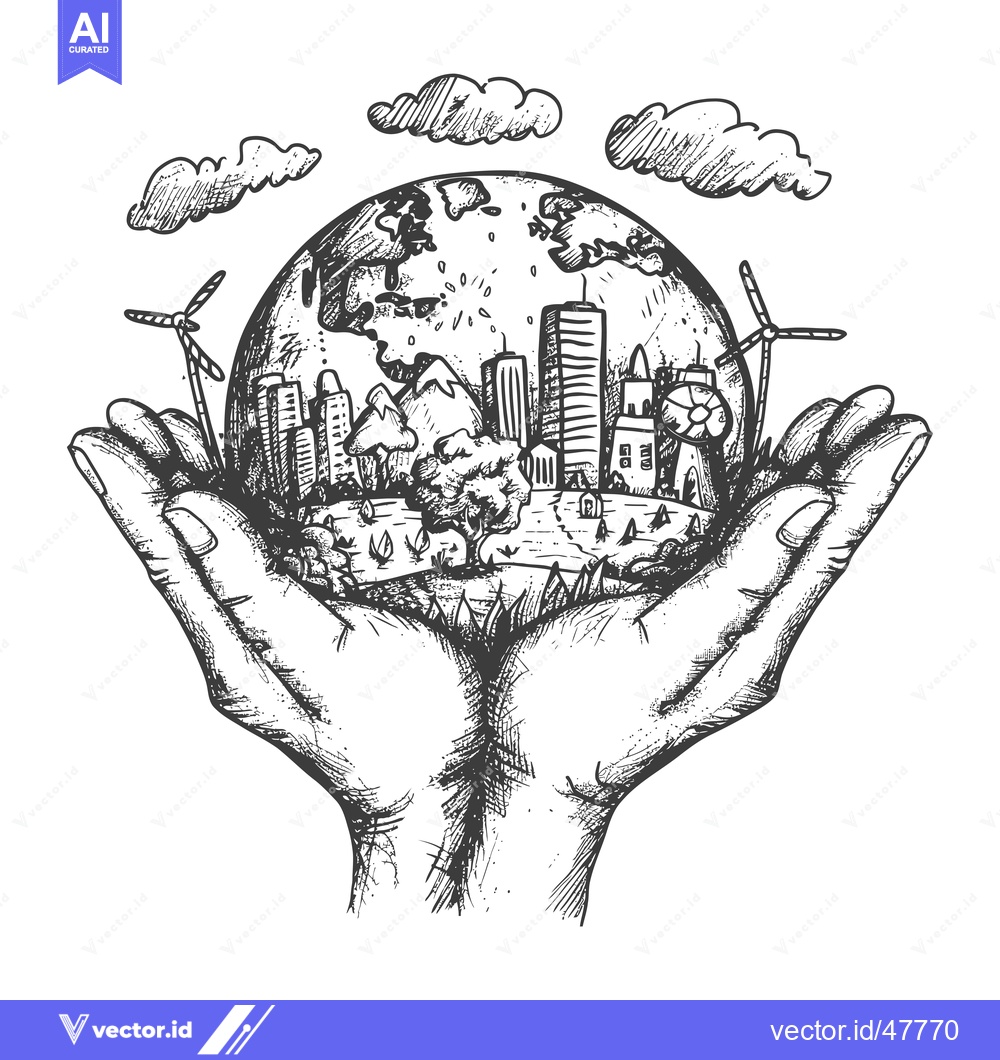 Premium Vector of Hand Holding Earth with Cityscape, Windmills, and Clouds
