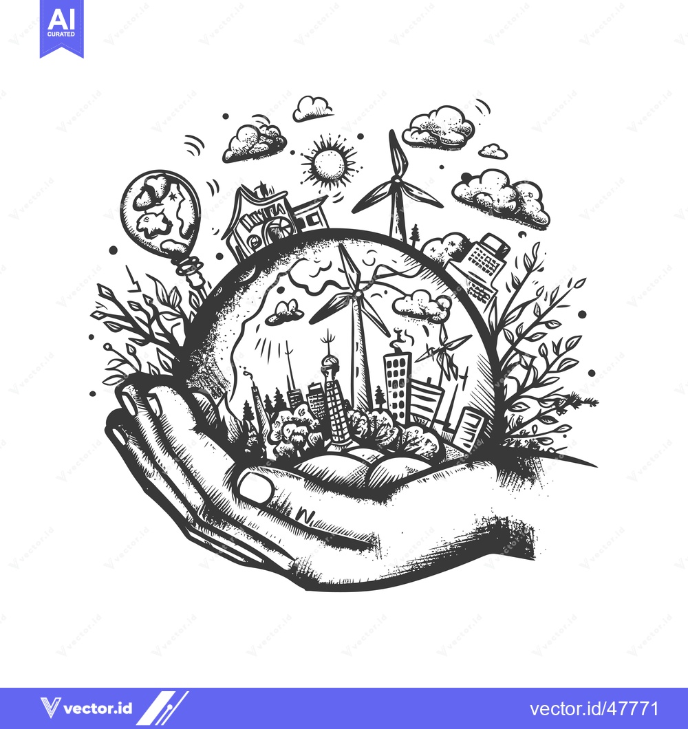 Premium Vector of Hand Holding Earth With City Skyline and Wind Turbines