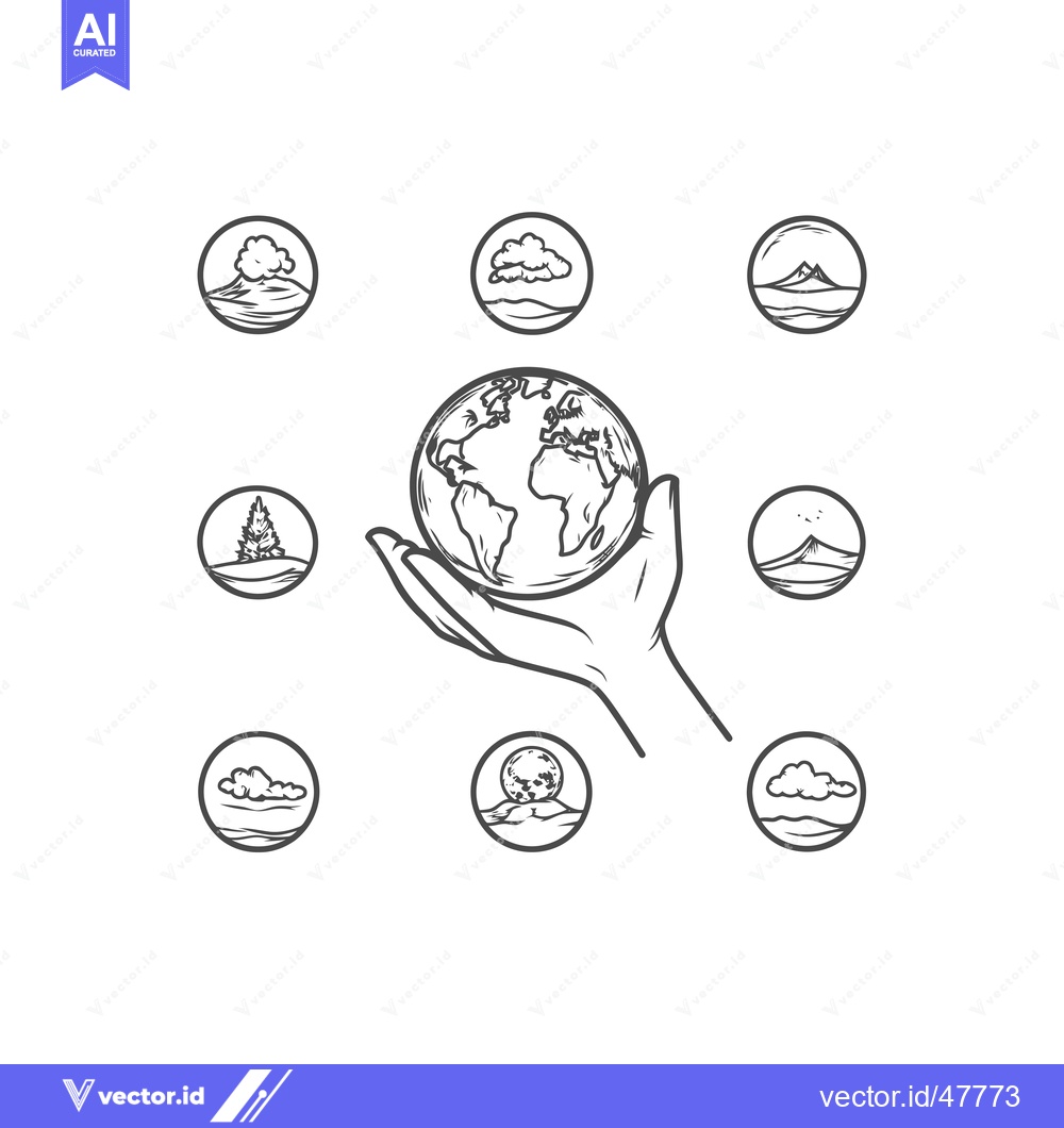 Premium Vector dari Hand Holding Globe Surrounded by Circular Landscapes